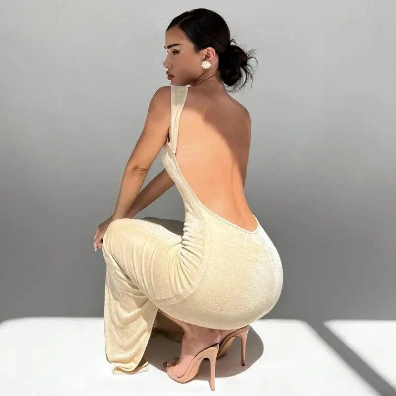 Robe beige moulante longue dos nu - Image 2