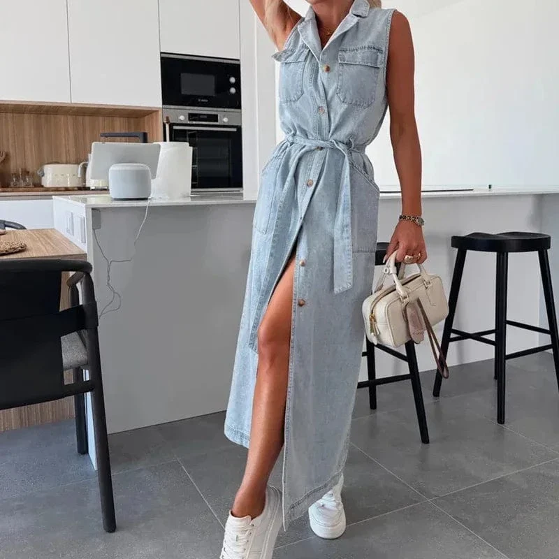 Robe chemise en jean longue sans manches - Image 5