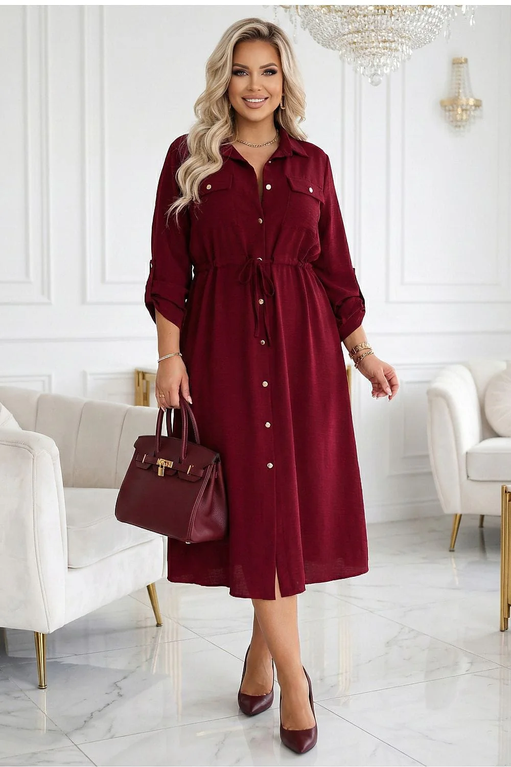 Robe chemise midi bordeaux manches longues - Image 3