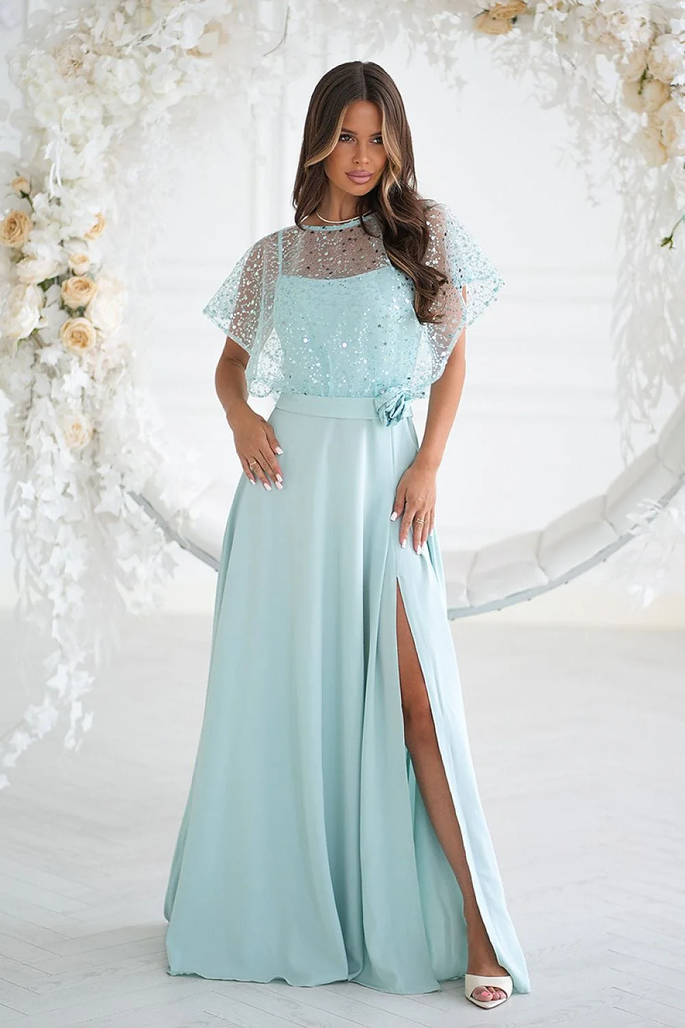 Robe demoiselle d'honneur vert menthe longue fendue
