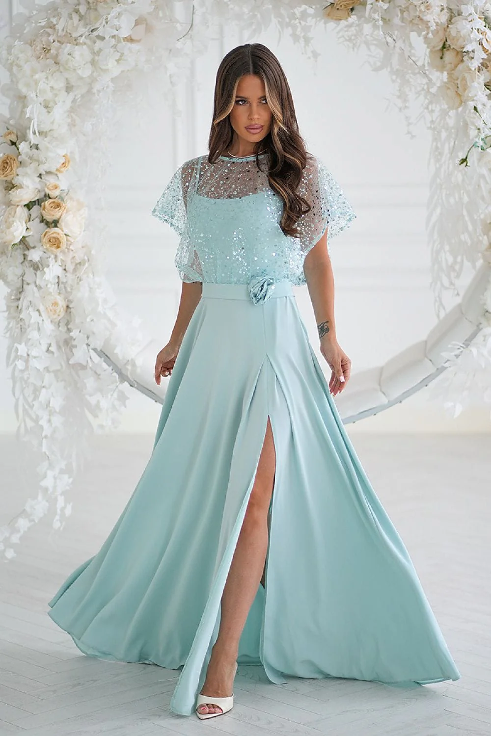 Robe demoiselle d'honneur vert menthe longue fendue - Image 3