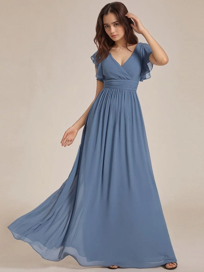 Robe demoiselle d'honneur bleue longue avec ceinture et volants - Image 2