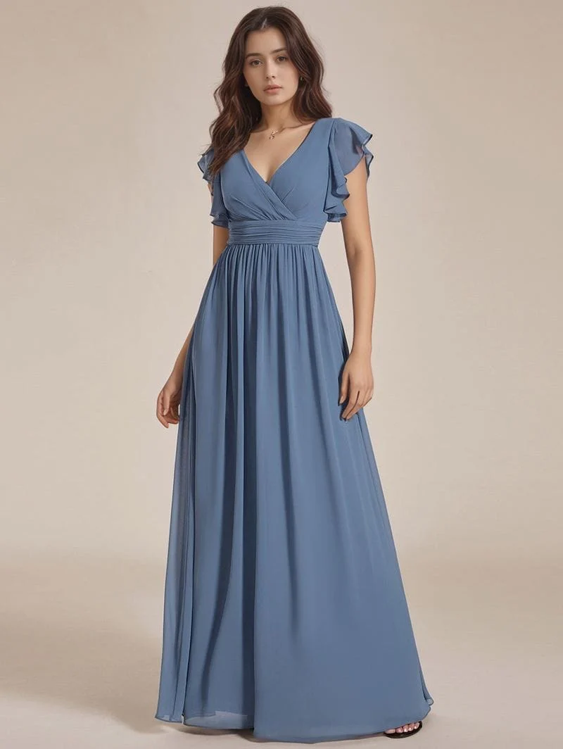 Robe demoiselle d'honneur bleue longue avec ceinture et volants - Image 3