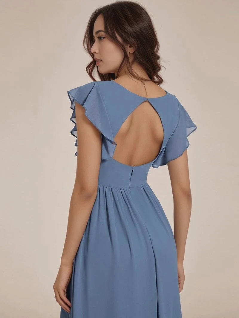 Robe demoiselle d'honneur bleue longue avec ceinture et volants - Image 4