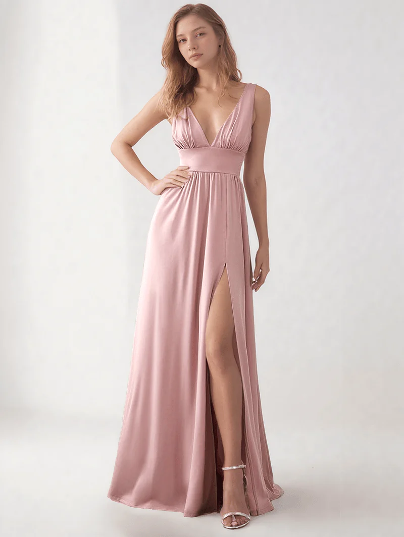 Robe demoiselle d'honneur rose poudré décolleté plongeant - Image 3