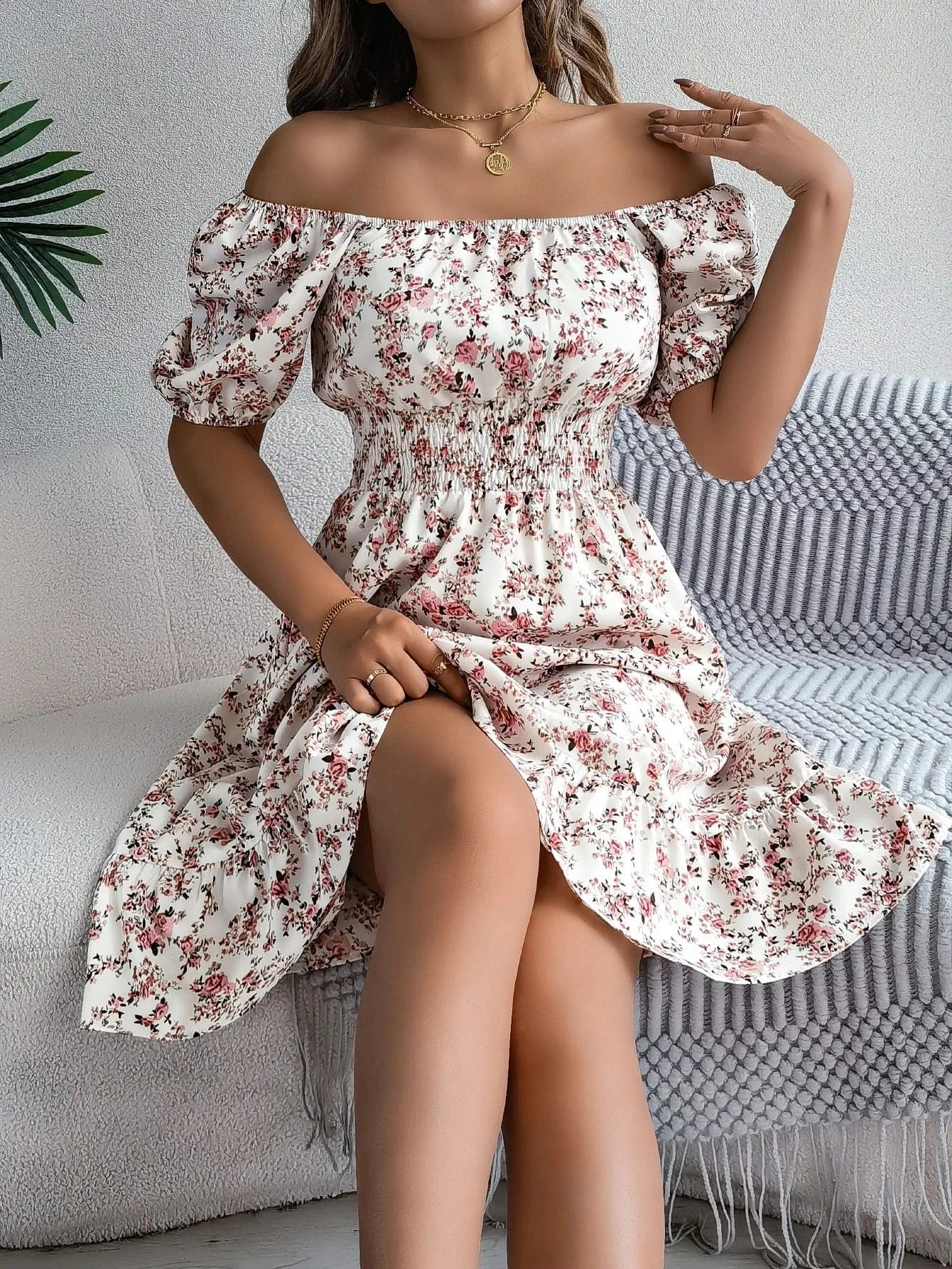 Robe d'été fleurie manches courtes col carré - Image 2
