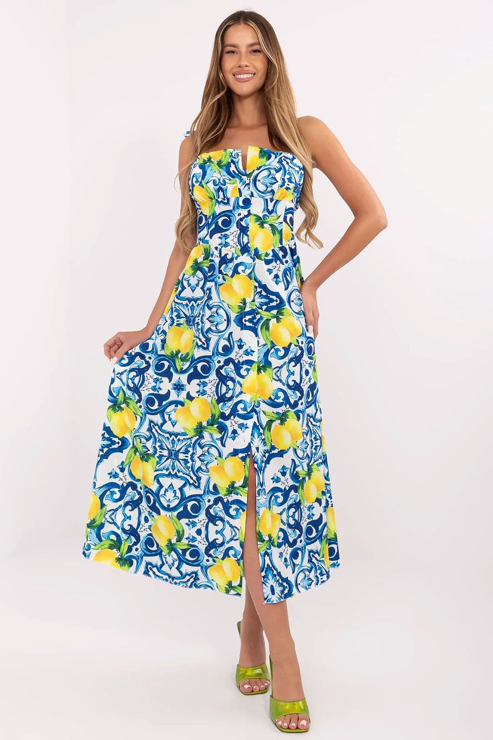 Robe d'été fleurie midi fendue bretelles à nouer