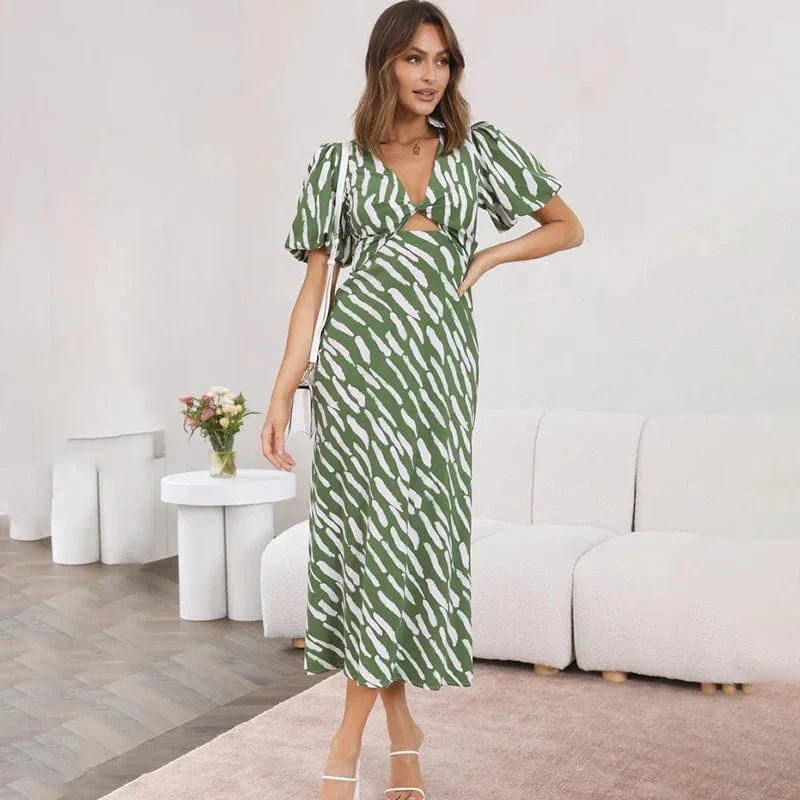 Robe d'été verte bohème midi à manches bouffantes - Image 2