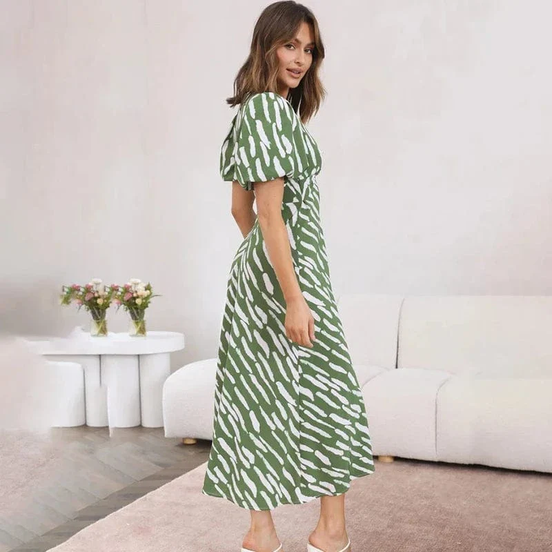 Robe d'été verte bohème midi à manches bouffantes - Image 3