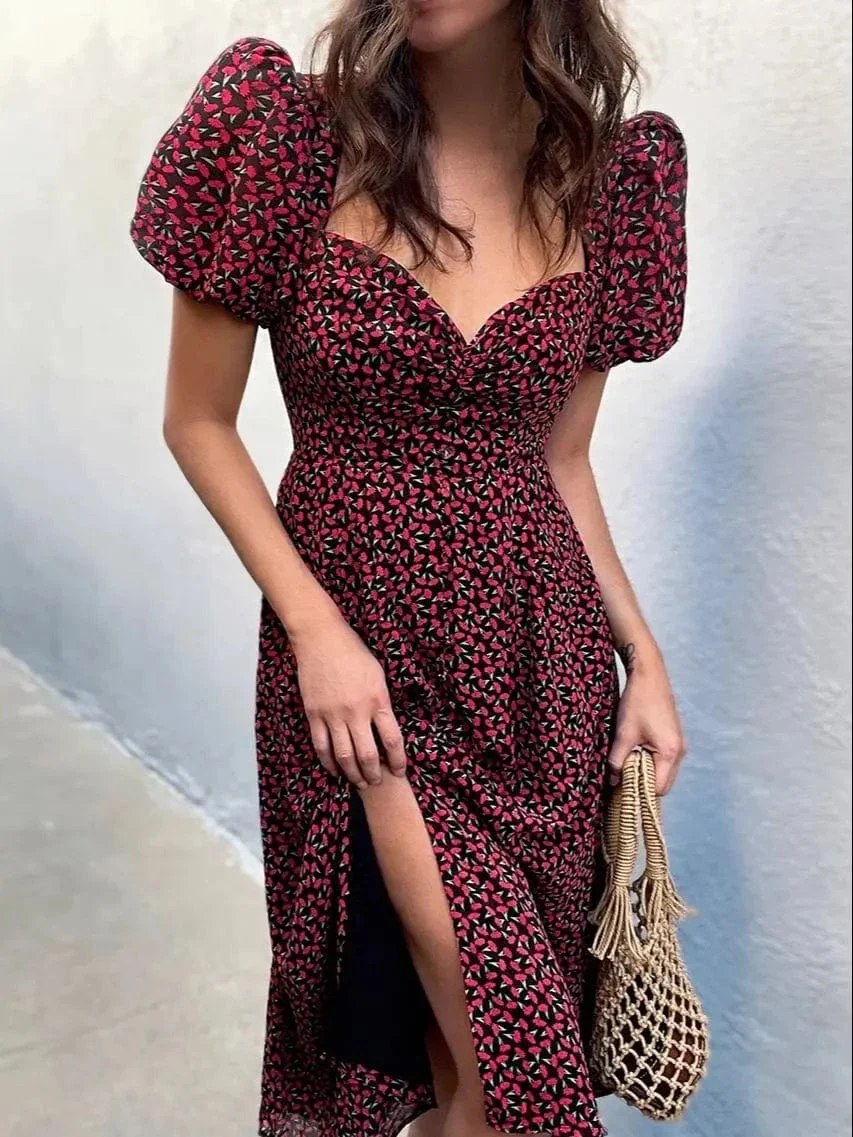 Robe fleurie fendue manches courtes bouffantes - Image 4