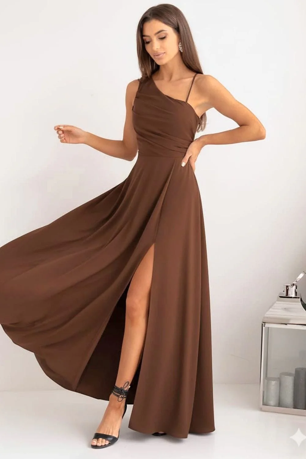 Robe longue fendue marron chocolat - Image 2