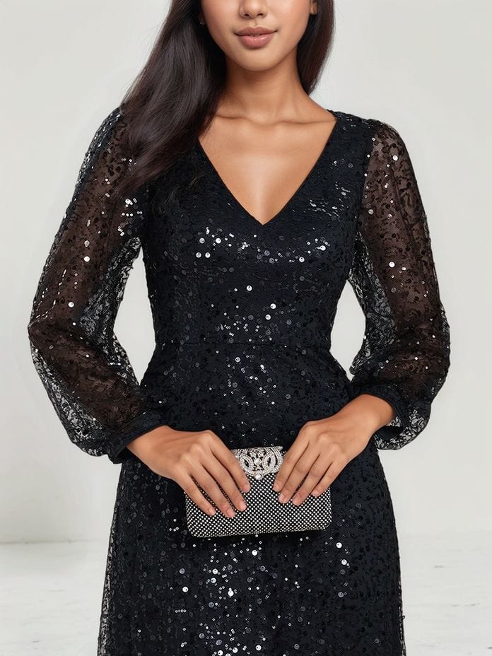 Robe à paillettes à manches longues noire - Image 3