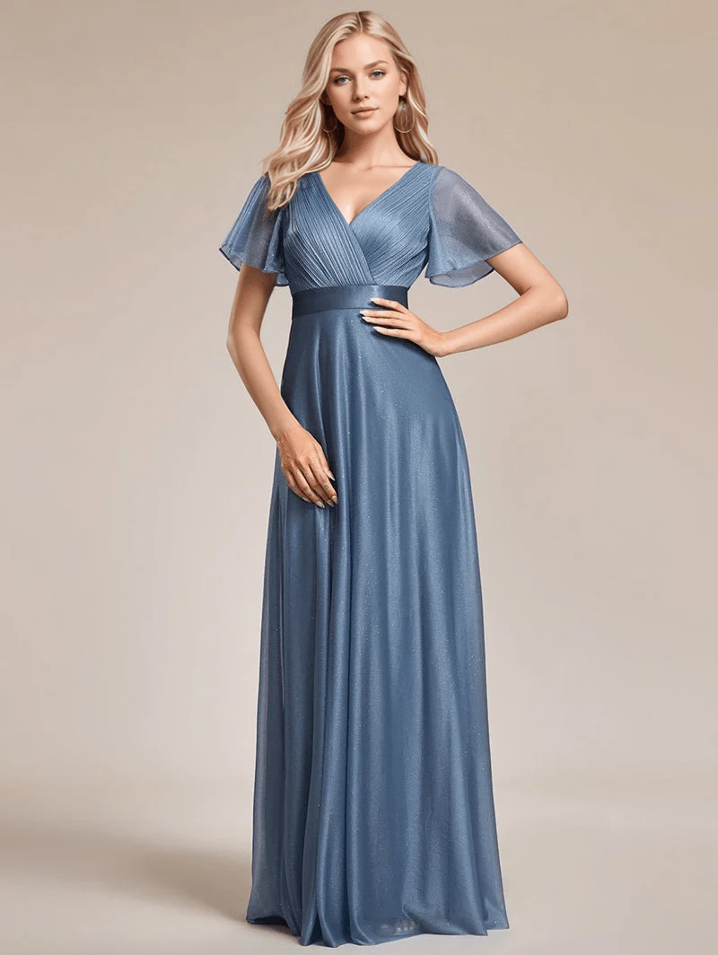 Robe de soirée bleue longue à volants et décolleté plongeant - Image 4