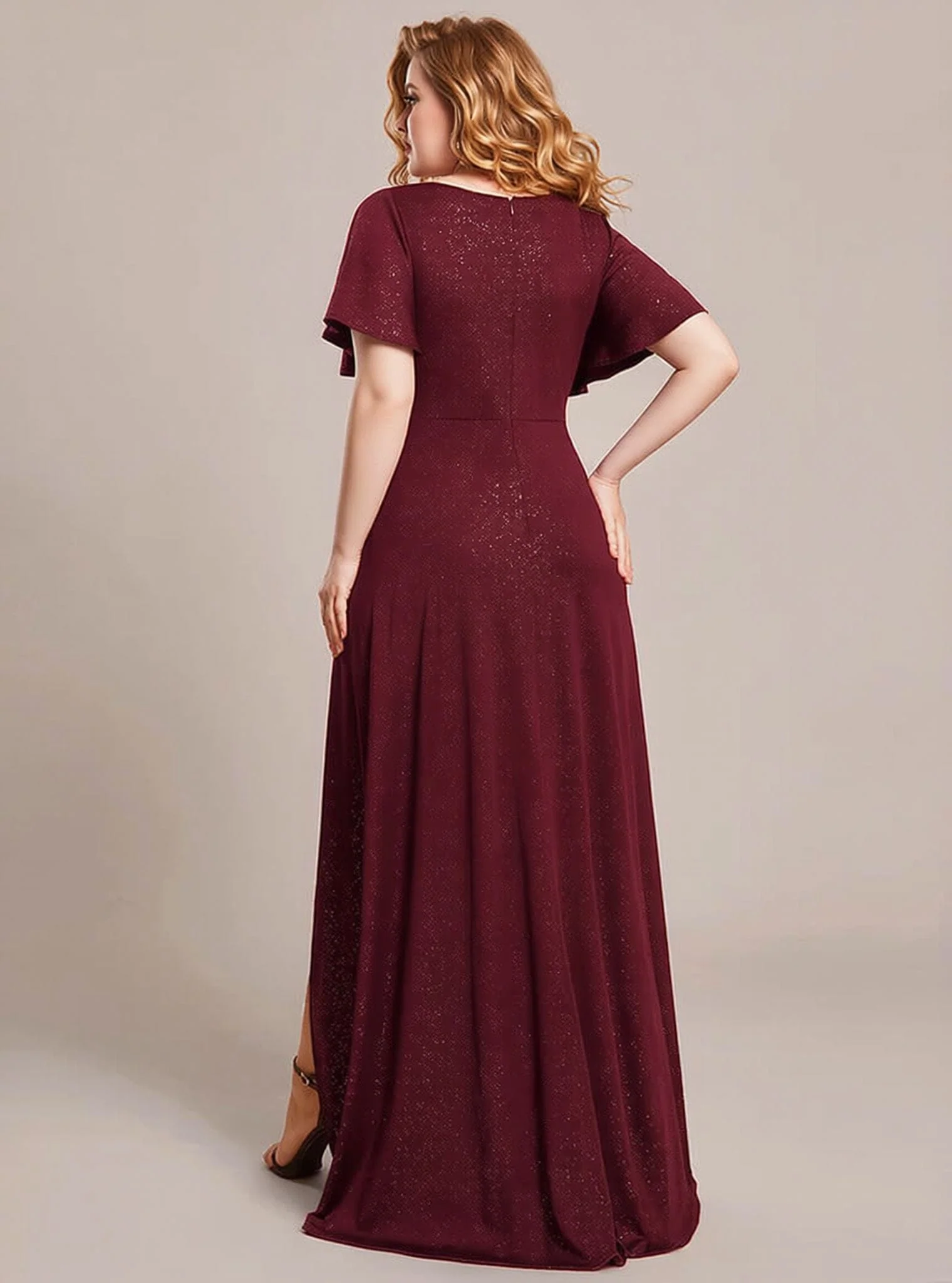 Robe de soirée bordeaux grande taille à fente asymétrique - Image 2