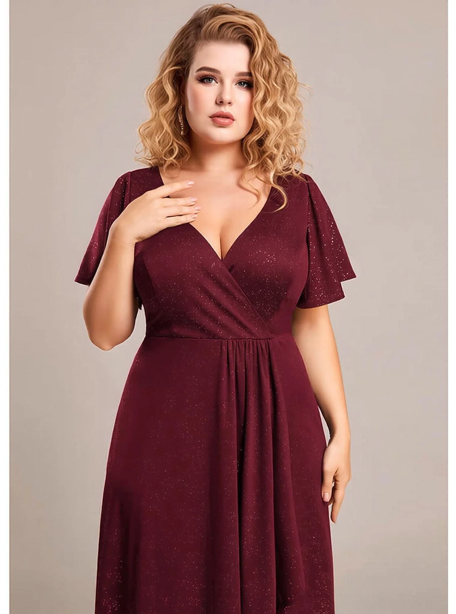 Robe de soirée bordeaux grande taille à fente asymétrique - Image 3