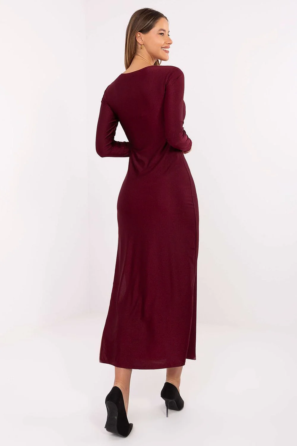 Robe de soirée chic bordeaux midi manches longues - Image 3