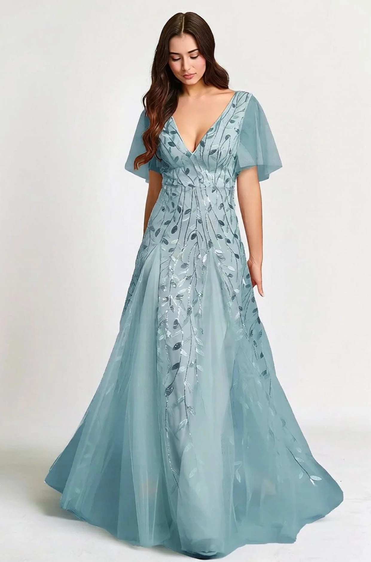 Robe de soirée mariage bleue manches courtes - Image 3