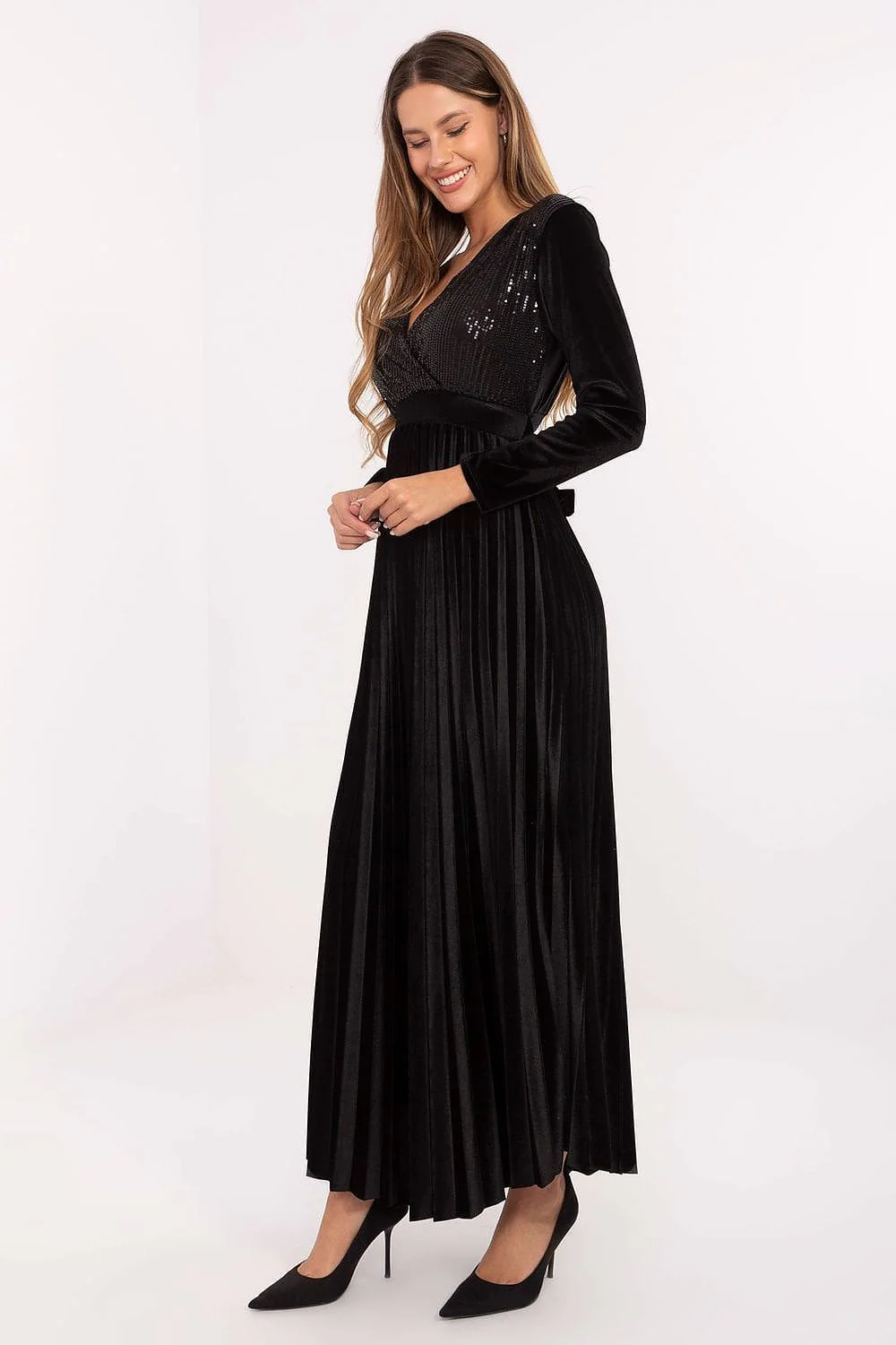 Robe de soirée noire plissée longue manches longues - Image 2