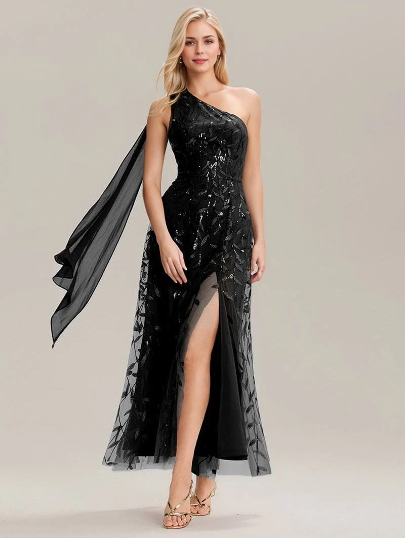 Robe de soirée noire une épaule avec fente