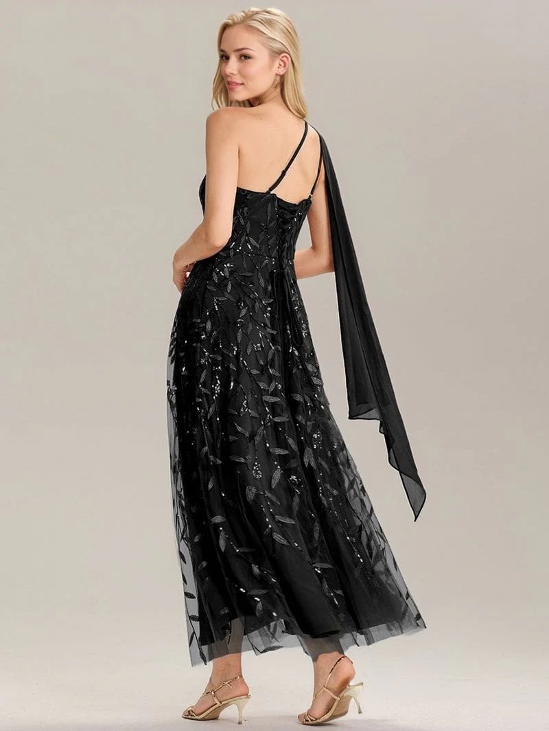 Robe de soirée noire une épaule avec fente - Image 2