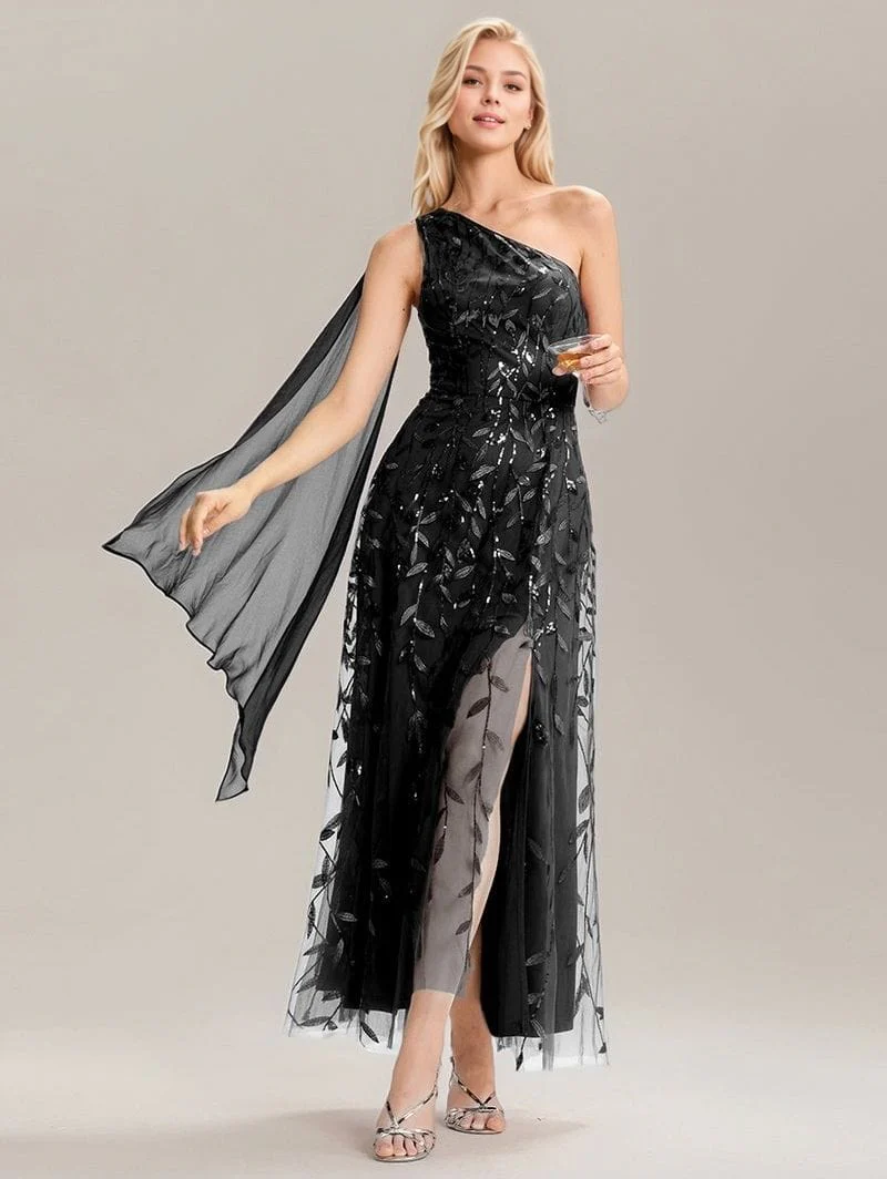 Robe de soirée noire une épaule avec fente - Image 4