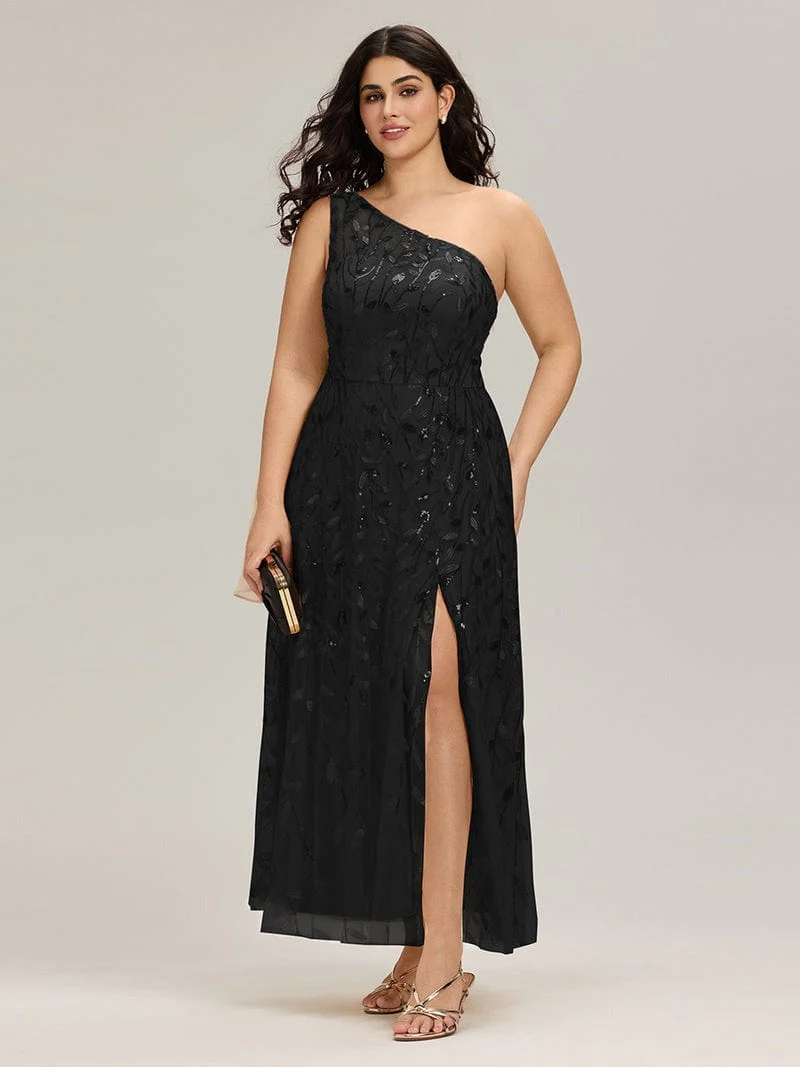 Robe de soirée noire une épaule avec fente - Image 5