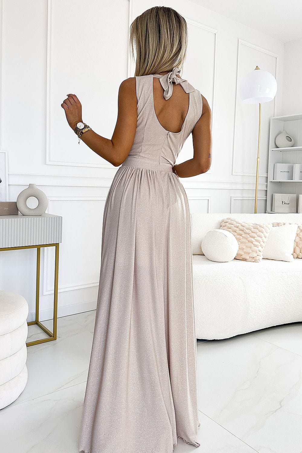 Robe de soirée sequin chic longue beige - Image 2