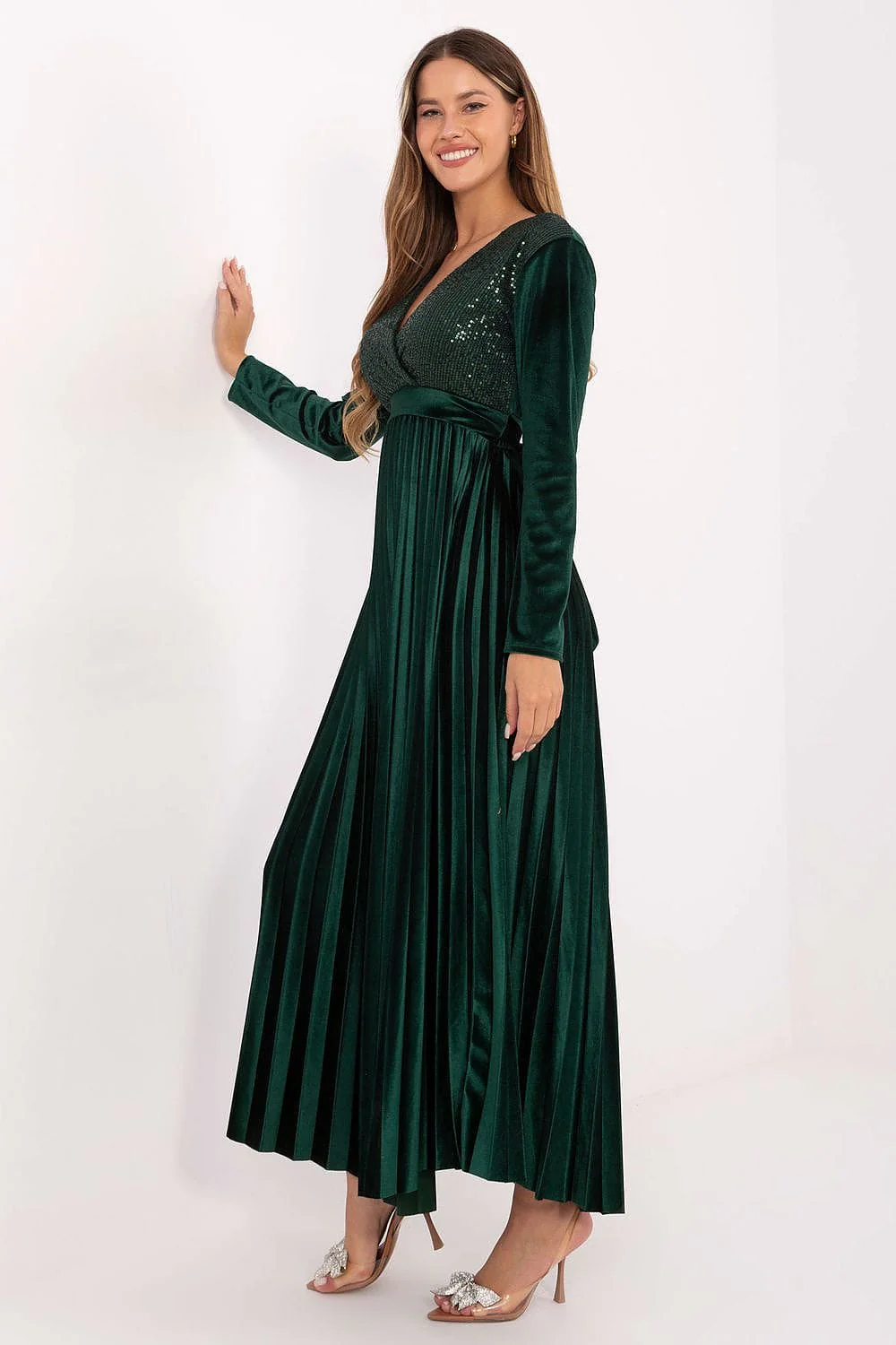 Robe de soirée verte longue chic plissée - Image 2